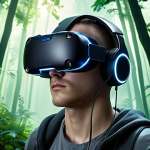 ** A gamer wearing a sleek, futuristic neural interface headset, eyes closed in concentration. The background subtly blends the real world with a vibrant, fantastical game world (e.g., a lush forest or a futuristic cityscape). Focus on the fusion of mind and game. The scene should be lit dramatically to emphasize the immersive experience.

**