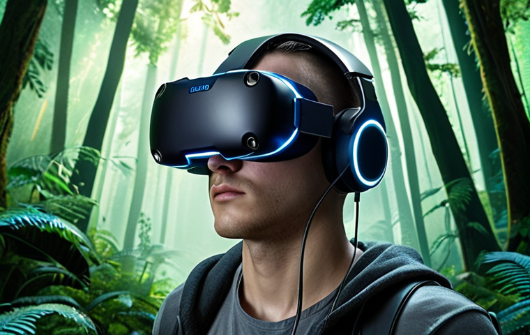 ** A gamer wearing a sleek, futuristic neural interface headset, eyes closed in concentration. The background subtly blends the real world with a vibrant, fantastical game world (e.g., a lush forest or a futuristic cityscape). Focus on the fusion of mind and game. The scene should be lit dramatically to emphasize the immersive experience.

**