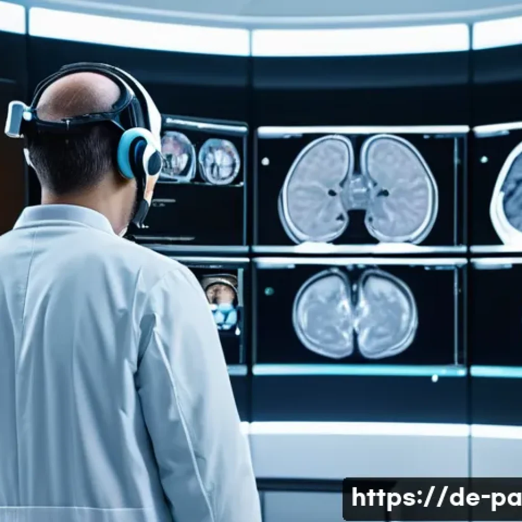 뉴럴 인터페이스의 컴퓨터 비전 응용 - A futuristic medical diagnostic room in a German hospital, showing a radiologist using a neural inte...