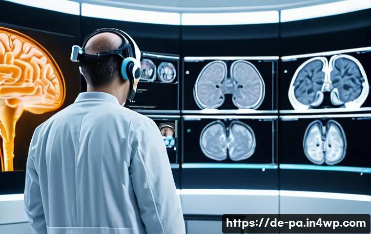 뉴럴 인터페이스의 컴퓨터 비전 응용 - A futuristic medical diagnostic room in a German hospital, showing a radiologist using a neural inte...