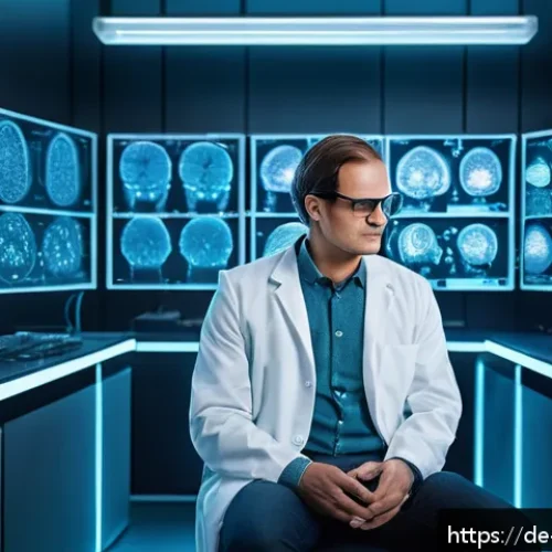 도파민과 뉴럴 인터페이스의 관계 - A futuristic laboratory scene showing a scientist wearing a lab coat and safety glasses, interacting...