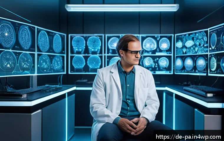 도파민과 뉴럴 인터페이스의 관계 - A futuristic laboratory scene showing a scientist wearing a lab coat and safety glasses, interacting...