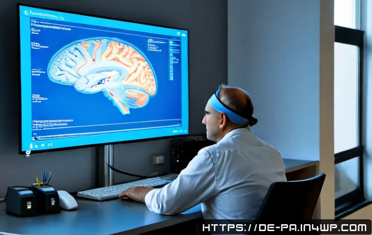 Home 17 뉴럴 인터페이스와 인지 과학의 통합 - Photorealistic neuroscience laboratory in Germany, a middle-aged researcher wearing a subtle noninva...
